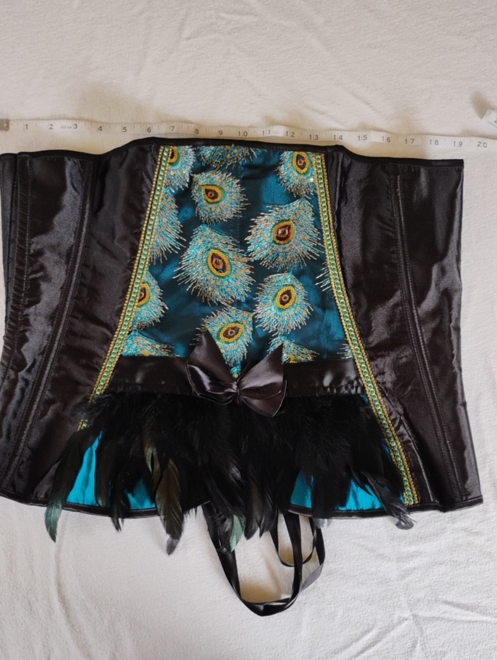 Peacock Feather Satin Corset Waist Cincher in Teal & Black Sz 5X Plus Size